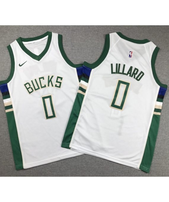 Camiseta Damian Lillard #0 Milwaukee Bucks Blanco Niño