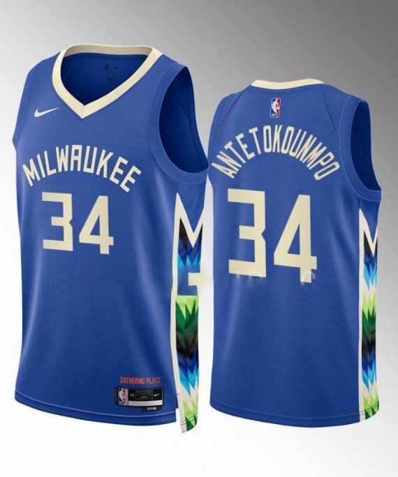 Camiseta Giannis Antetokounmpo #34 Milwaukee Bucks 2022-23 City Edition Azul