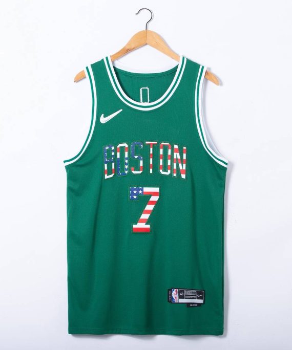 Camiseta Jaylen Brown #7 Boston Celtics Edicion 75 Aniversario Bandera Nacional Verde