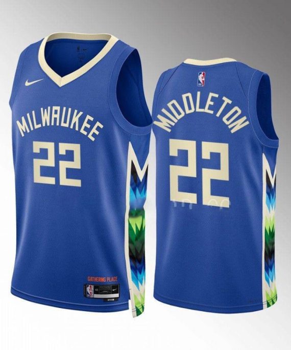 .Camiseta Khris Middleton #22 Milwaukee Bucks 2022-23 City Edition Azul