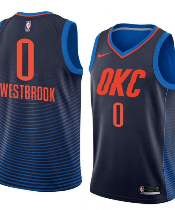 Camiseta Russell Westbrook #0 Oklahoma City Thunder Azul Oscuro Con Rayas