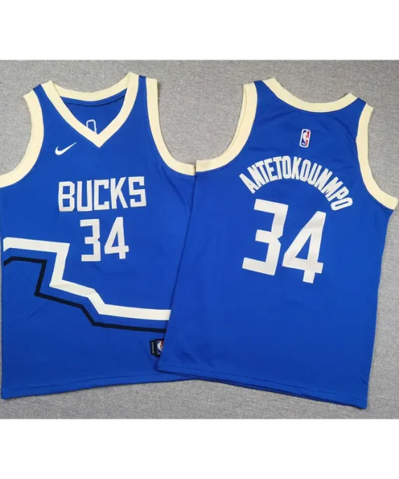 Camiseta Giannis Antetokounmpo #34 Milwaukee Bucks 2025 City Edition Azul Niño