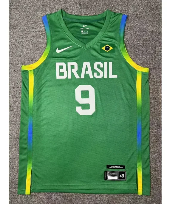 Camiseta Marcelinho Huertas Baloncesto #9 Brasil 2024 Edición Olímpica París Verde
